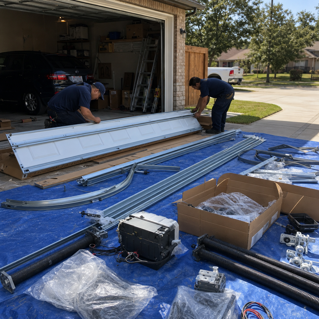 Two professional technicians performing a residential garage door installation on site.