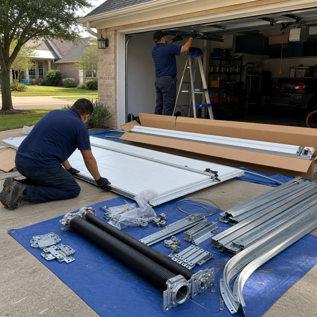 Two professional technicians installing a new residential garage door