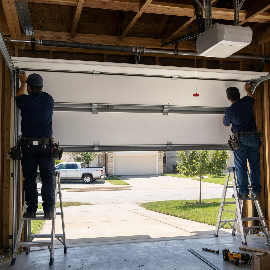 Two professional technicians installing a new residential garage door