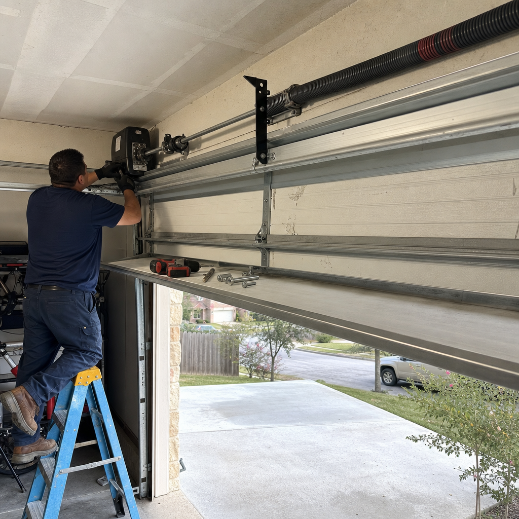 Technician installing a garage door opener motor on a residential door
