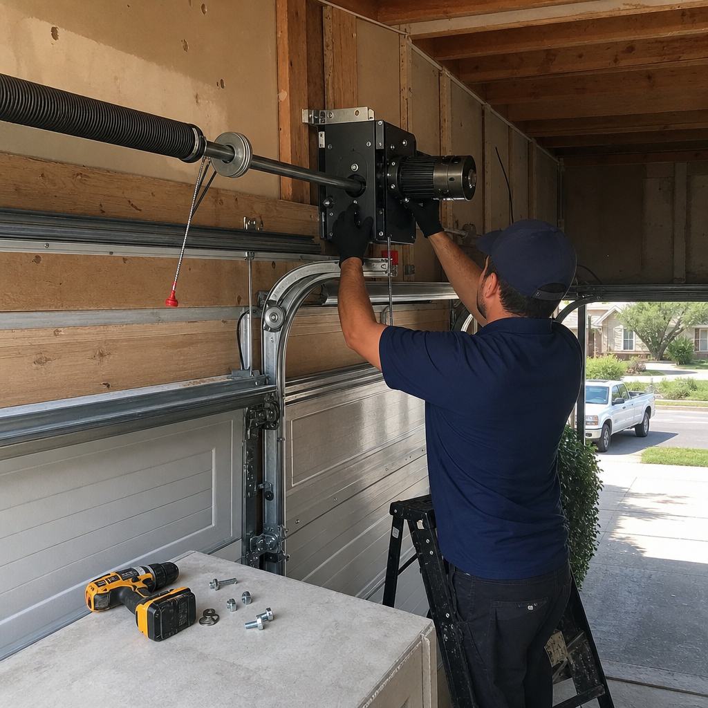 Technician installing a residential wall-mounted garage door opener system