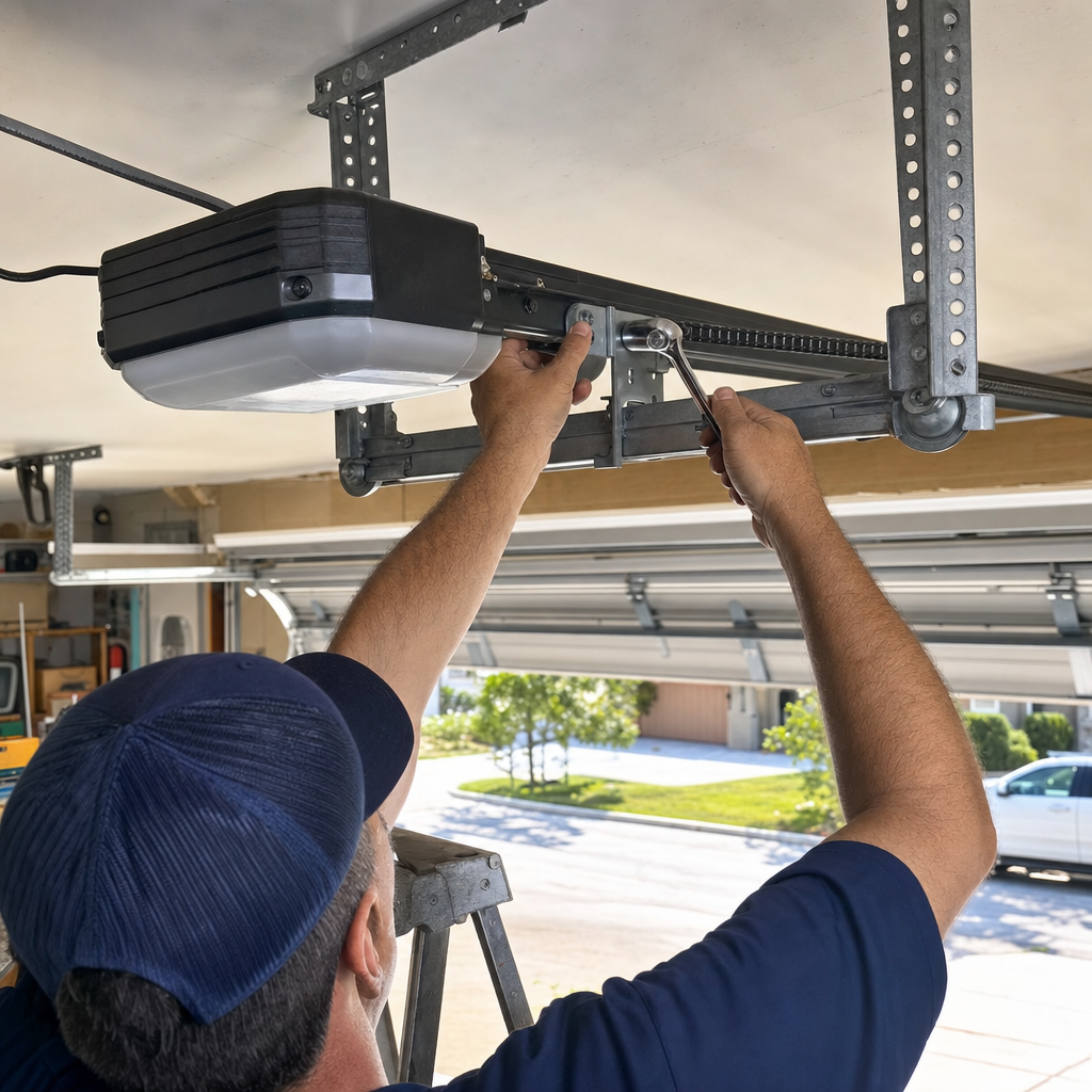 Technician repairing and adjusting a residential garage door opener