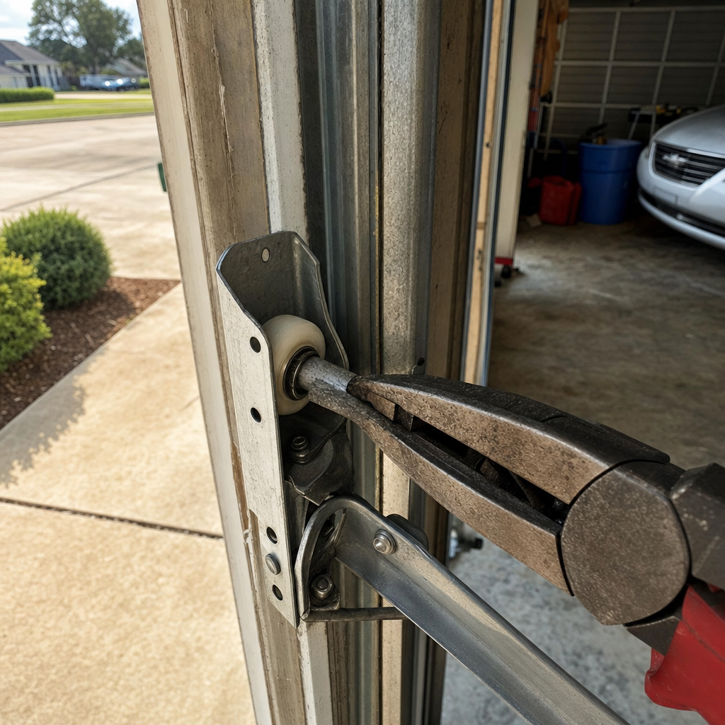 Technician using pliers to repair a garage door roller