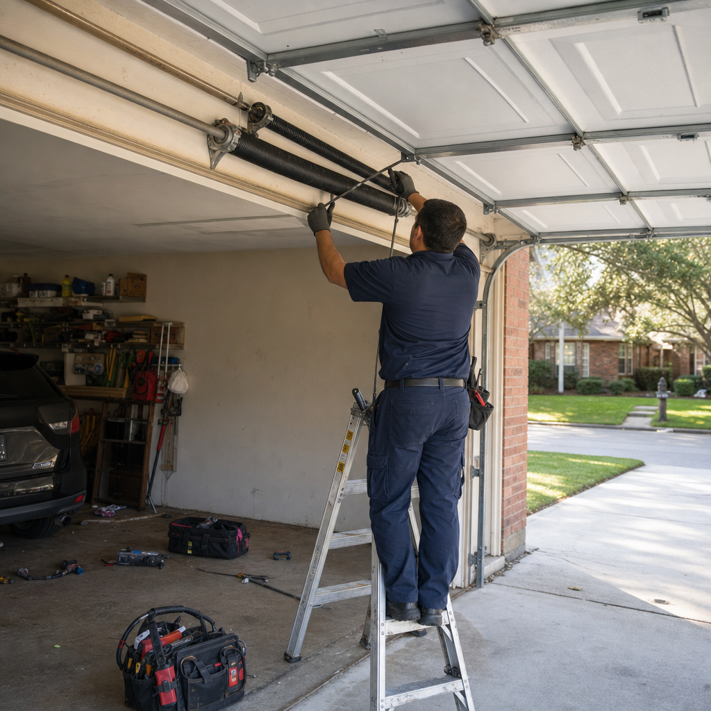 Technician performing professional garage door spring repair and maintenance