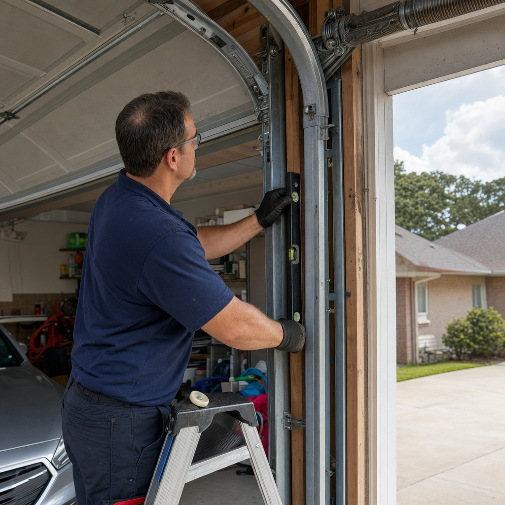 Technician using a level to align a garage door track