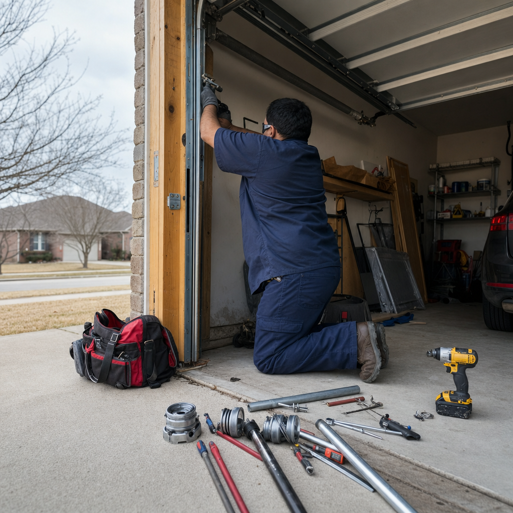 Technician performing emergency garage door repair with professional tools in Houston, TX