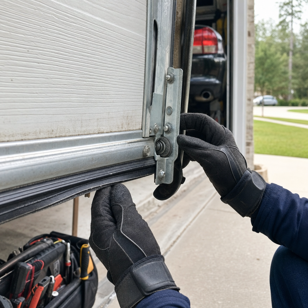 Technician performing professional emergency garage door repair and maintenance in Houston, TX