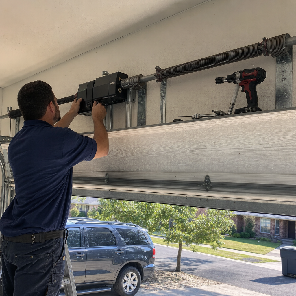 Technician performing professional wall-mounted garage door opener installation