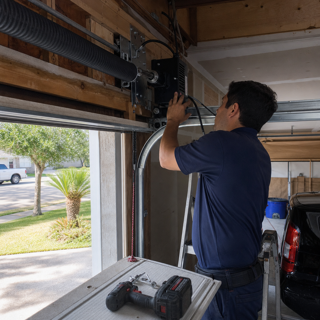 Technician installing a professional wall-mount garage door opener system
