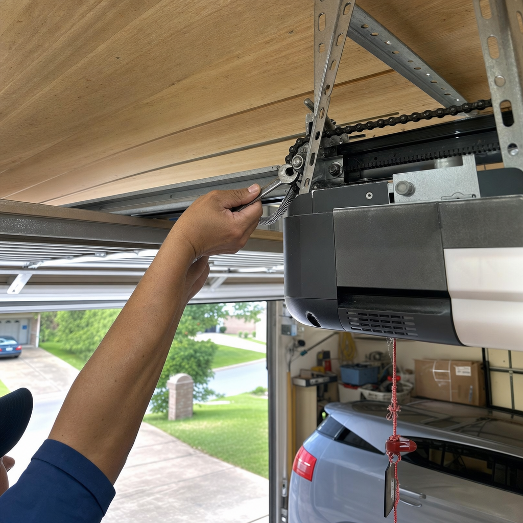 Technician using a wrench for garage door opener repair and maintenance