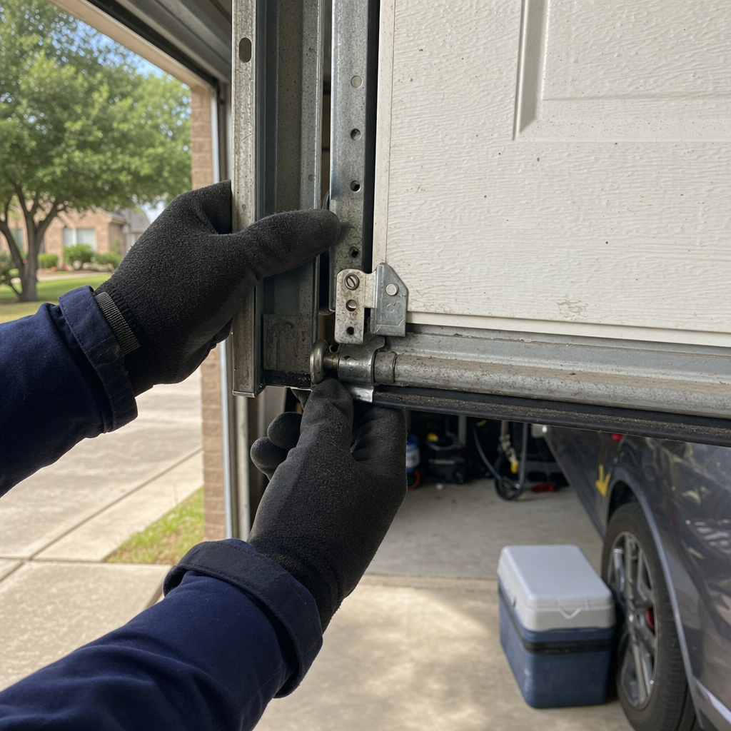 Technician performing maintenance on garage door roller and track system in Houston, TX