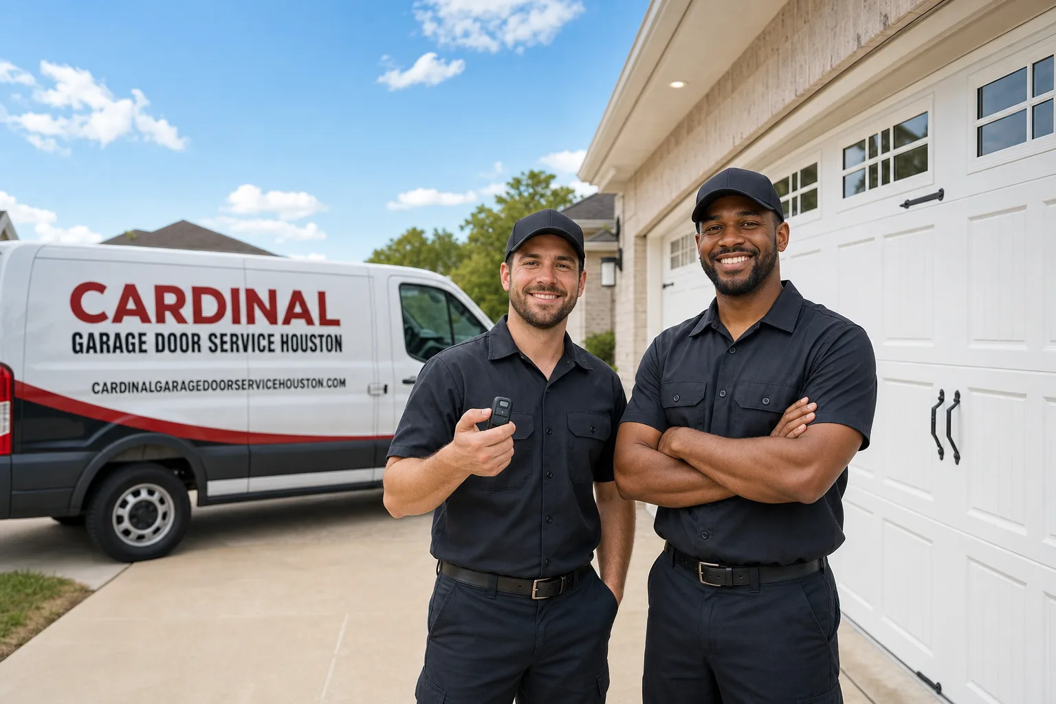 Cardinal Garage Door Service Houston service vehicle and crew in Houston, TX